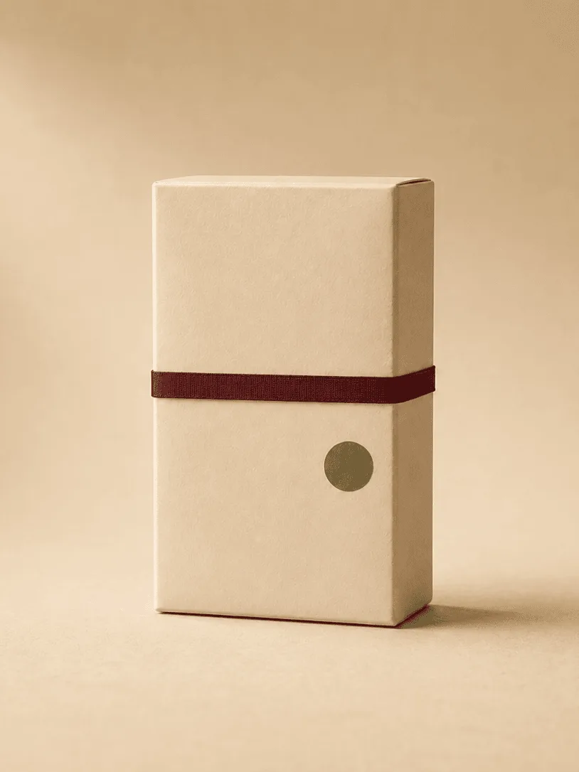 A kraft paperboard product box with a garnet band and an olive dot on a warm studio backdrop.