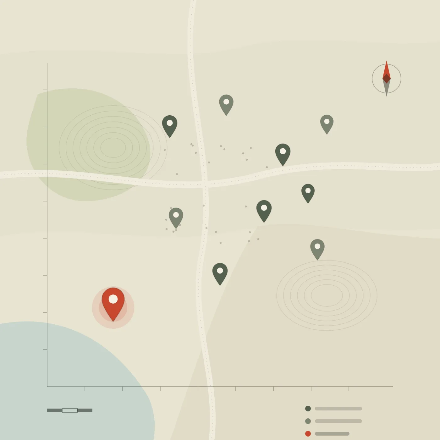 A printed-style market map: scattered muted location pins across a vellum field of roads, contour lines, a green park and a pale-teal inlet, with axes implying price across the bottom and capability up the side. One brick-red pin with a halo sits in the lower-left cheap-and-fast quadrant, beside a compass rose, a scale bar, and a small pin legend.