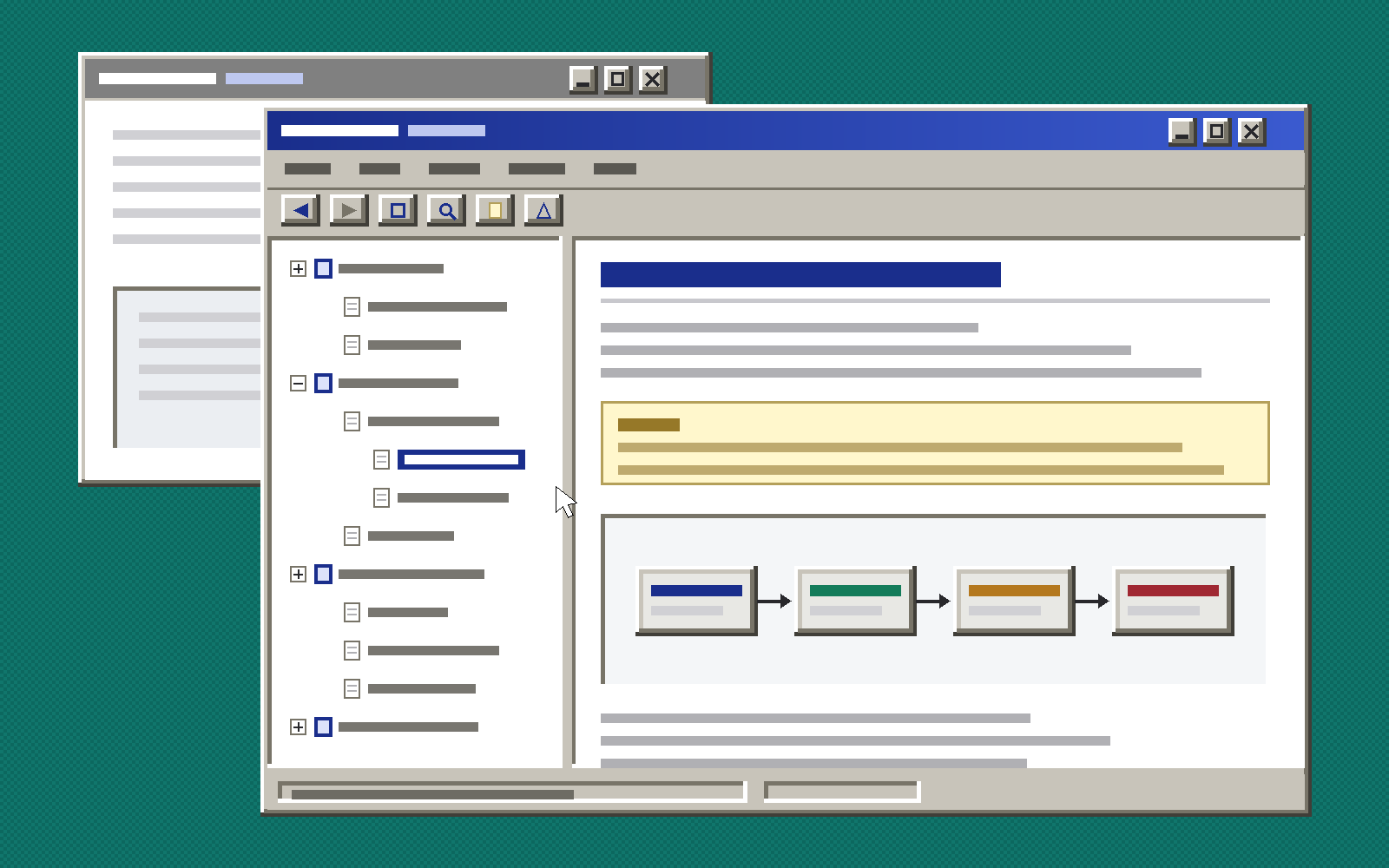 Pixel illustration of a late-1990s help viewer: a beveled gray application window on a dithered teal desktop, with a contents tree in the left pane and a topic page with a yellow note box and a four-stage pipeline diagram in the right pane.