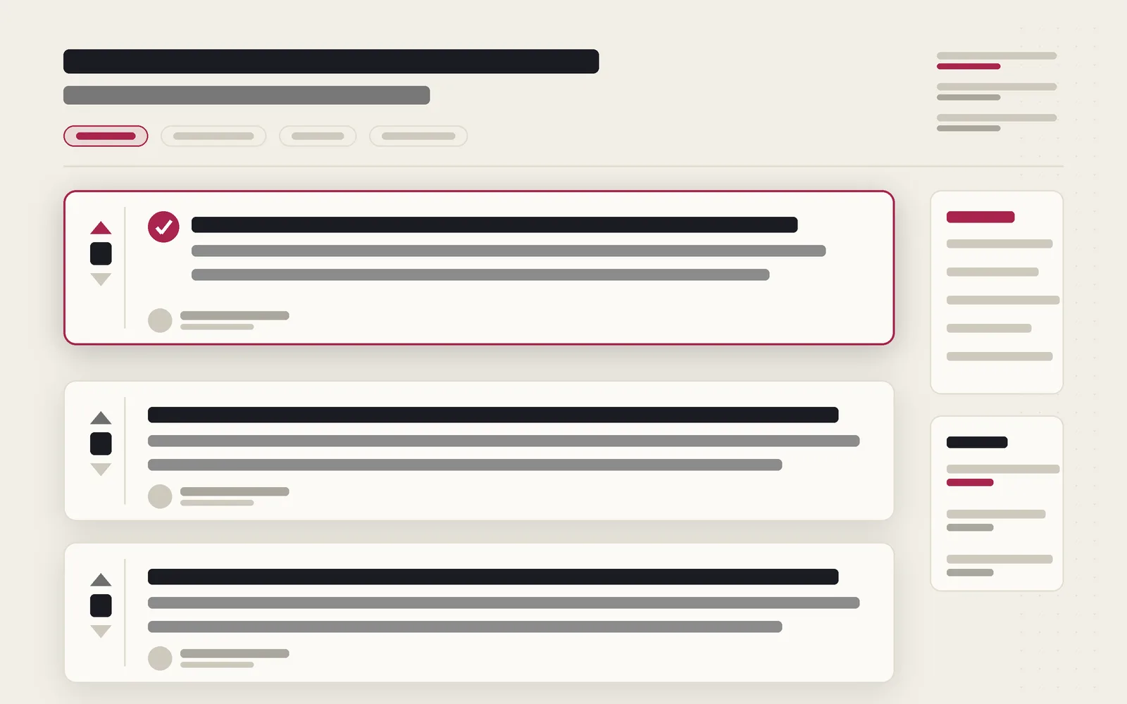 An abstract Q&A thread plate: a question header with tag chips above three stacked answer cards, each with a left vote gutter of carets and a score block. The top card is haloed in raspberry with an accepted check; a small sidebar of tag and linked cards sits at the right. No readable text.