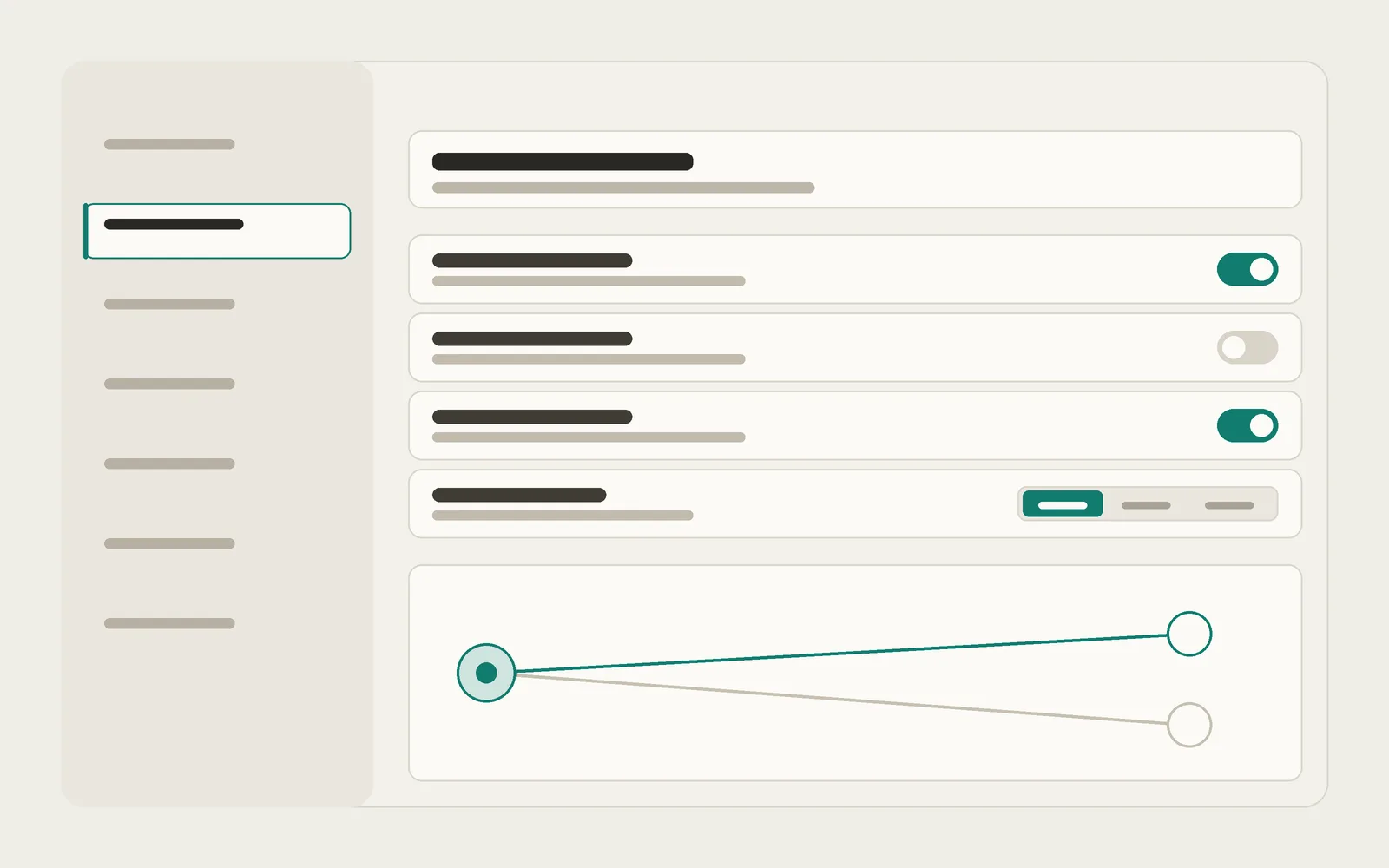 An abstract settings panel: a left section rail with one active item, a stack of preference rows with teal on toggles, a segmented control, and a routing diagram where one device node connects to two model nodes with one path highlighted. No readable text.