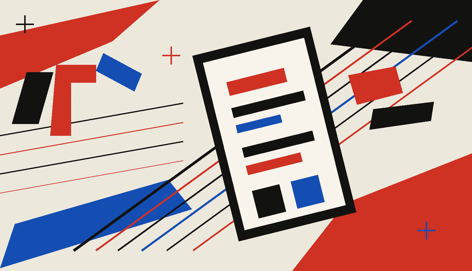 A flat Italian Futurist poster image: a tilted abstract phone on warm bone paper, with vermilion, ink, and electric-blue force lines crossing behind it. The phone screen has blank bars and blocks, with no readable text.