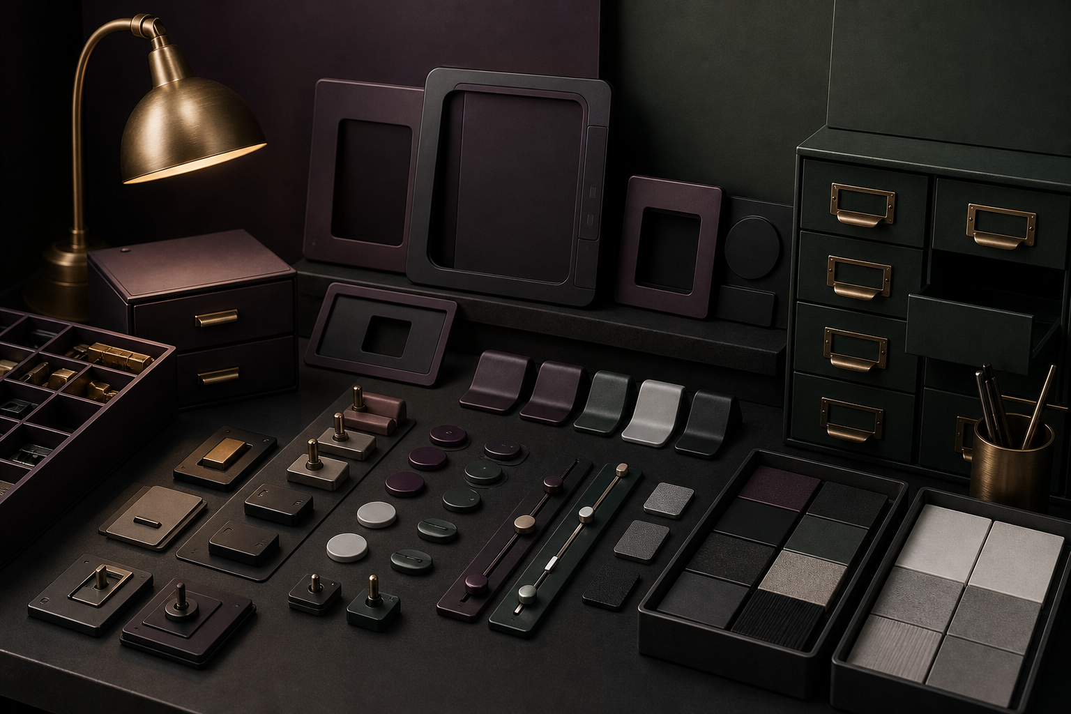 A dark component hardware counter with blank UI parts, drawers, switches, tray samples, and brass task lighting.