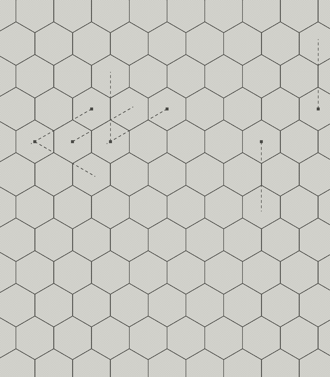 A monochrome wireframe honeycomb lattice with dashed measurement rays, drawn in the flat gray style of a 1999 Java applet.