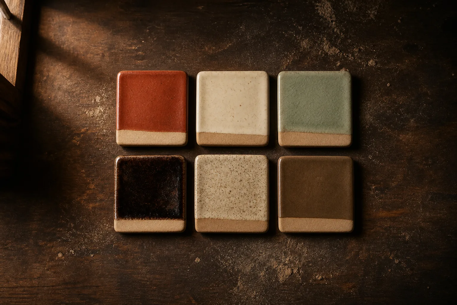 Overhead photograph of six square ceramic glaze test tiles on a dark wooden bench: terracotta, warm cream, pale celadon, dark tenmoku brown, speckled oatmeal, and muted umber