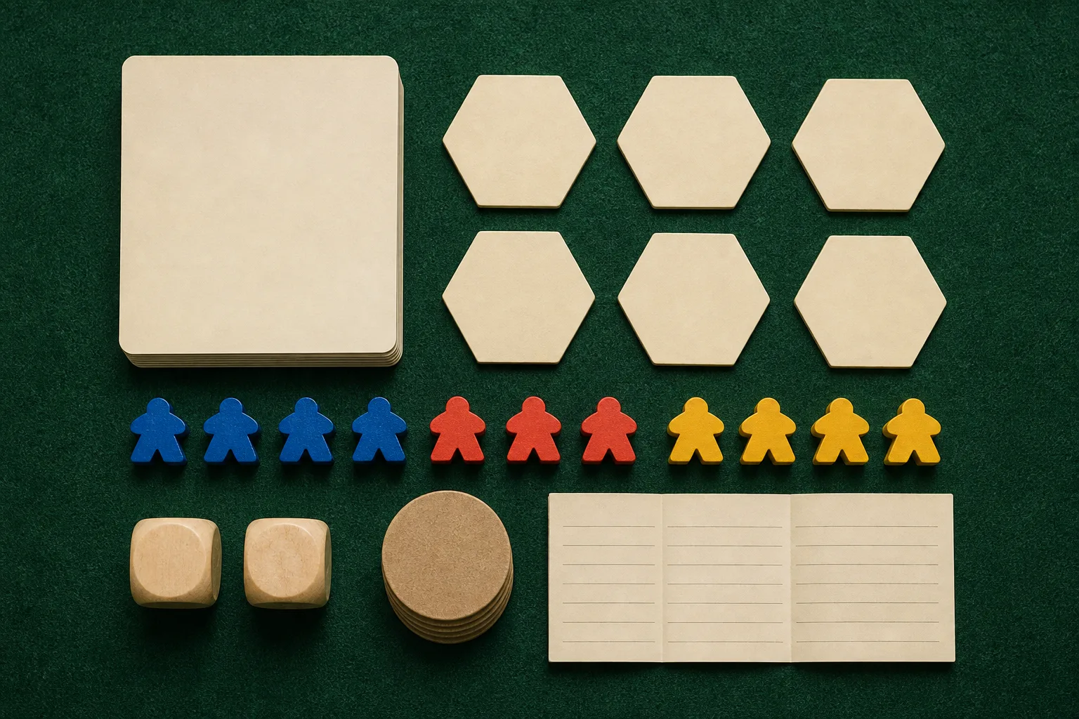 Overhead flat lay of board game components in a tidy grid on green felt: blank cream cards, hexagonal tiles, rows of blue, red, and yellow meeples, wooden dice, kraft tokens, and a folded ruled score sheet