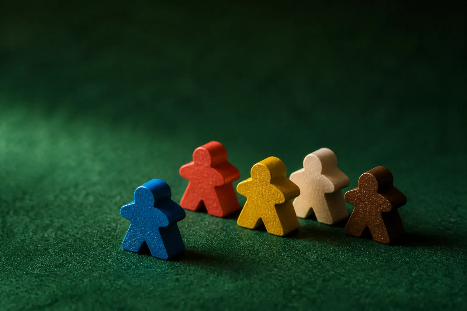 Close photograph of five wooden meeples in blue, red, yellow, cream, and brown standing in a loose huddle on green felt, warm light from the left
