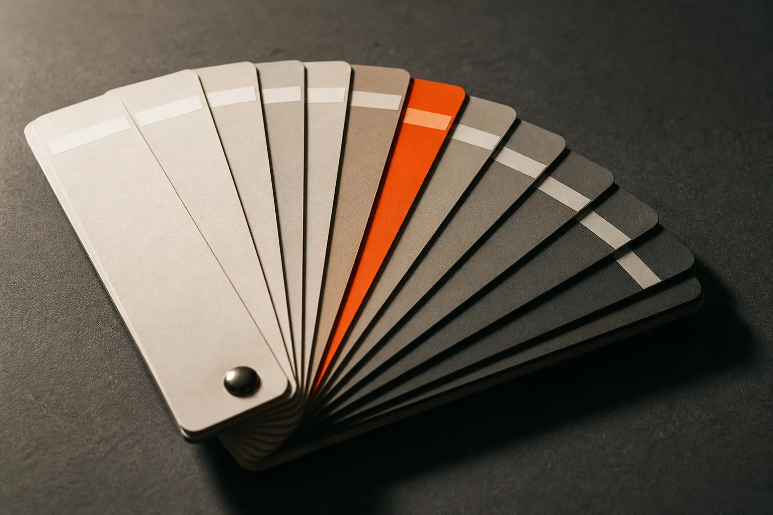 A fanned swatch deck of blank gray and off-white chips on a graphite surface, with a single international-orange chip breaking the sequence
