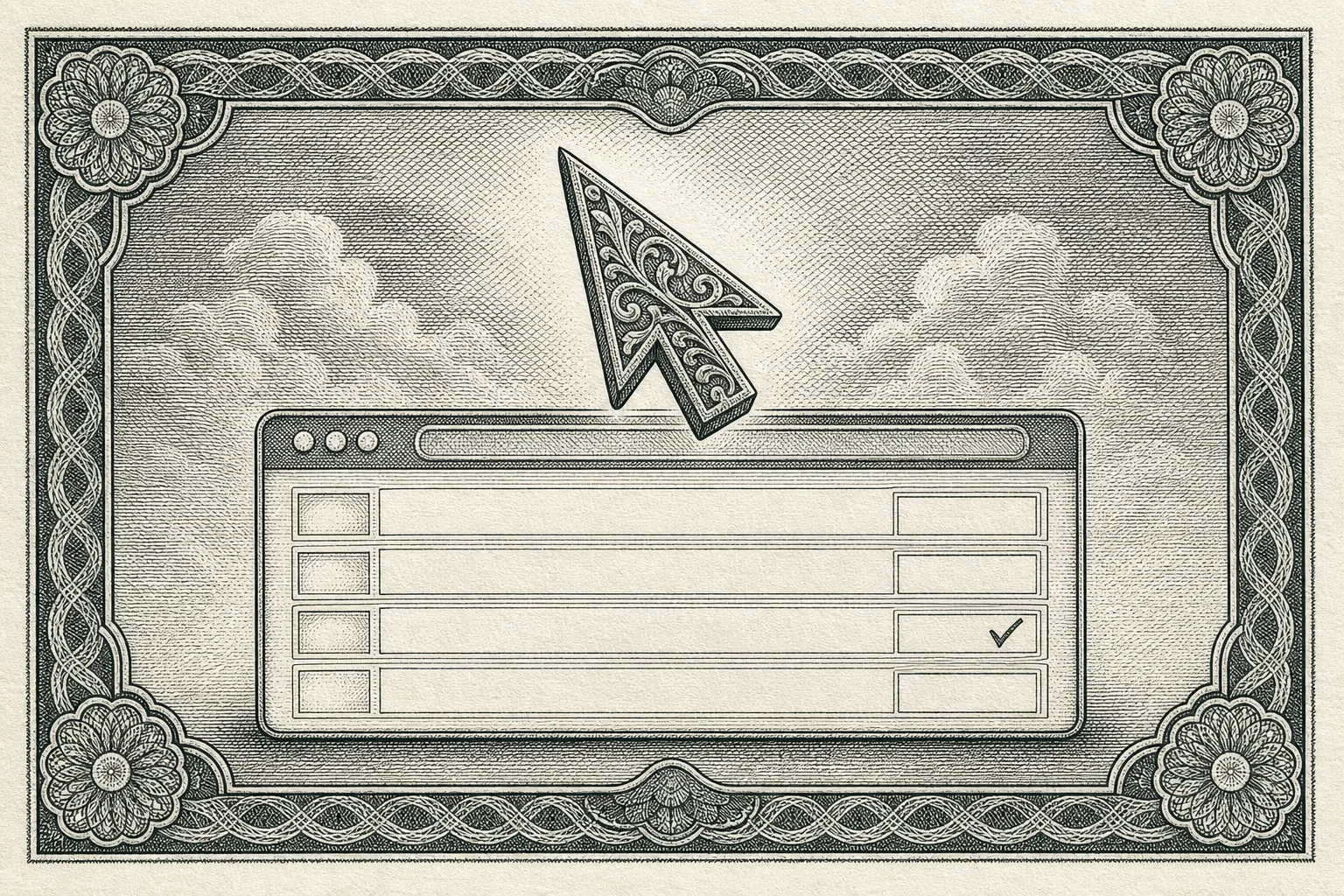 Copperplate engraving of an ornate arrow cursor hovering over a browser window with blank rows, one ticked, inside a guilloche border