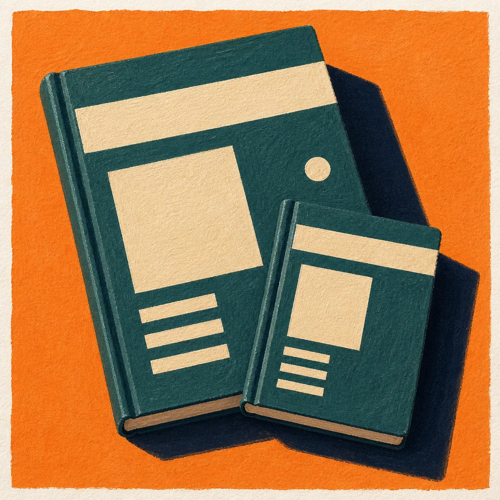 Gouache detail of a large and a small teal sketchbook overlapping at one corner, the same cream layout reflowed on each cover, with a single cream dot marker on the larger cover