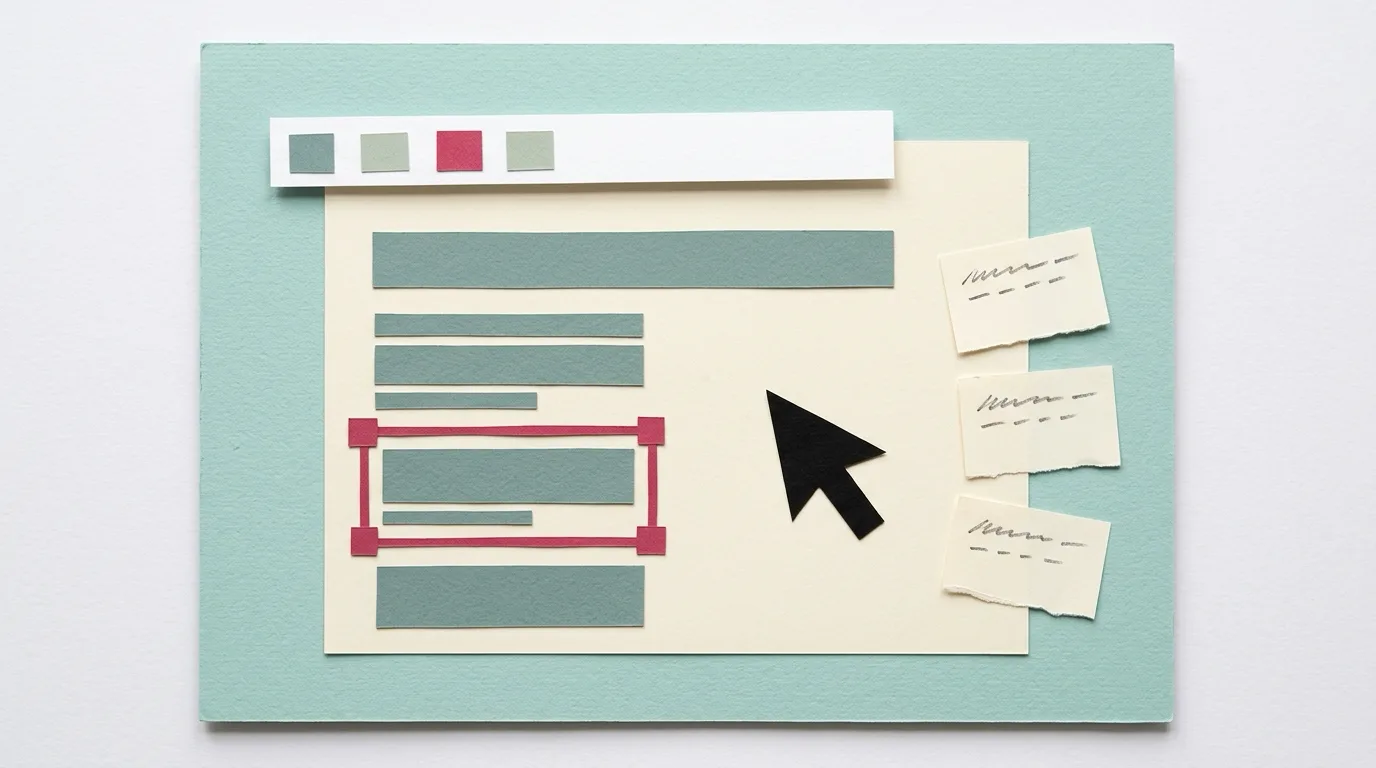 Cut-paper collage on a pale teal board: a cream sheet standing in for a web page with grey paper bars for text, one block framed by a raspberry selection outline, a white paper toolbar strip with colored chips floating above it, a large black paper cursor, and three torn correction slips pasted beside the page