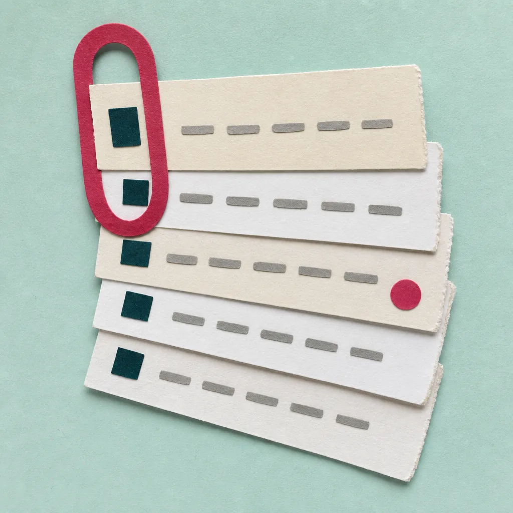 Cut-paper collage on a pale teal board: a fanned stack of six torn cream and white correction slips held by one large raspberry paper clip, each slip carrying a small dark teal square and a row of grey paper dashes