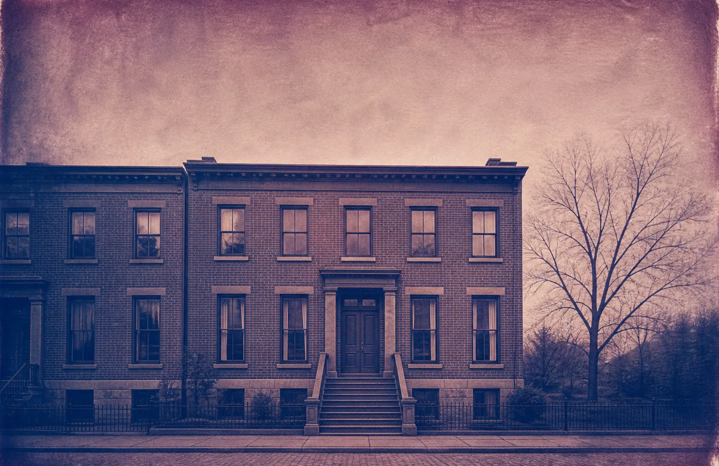 A toned cyanotype print of a three-storey brick rowhouse with a stoop and a bare tree, Prussian blue shadows and plum highlights