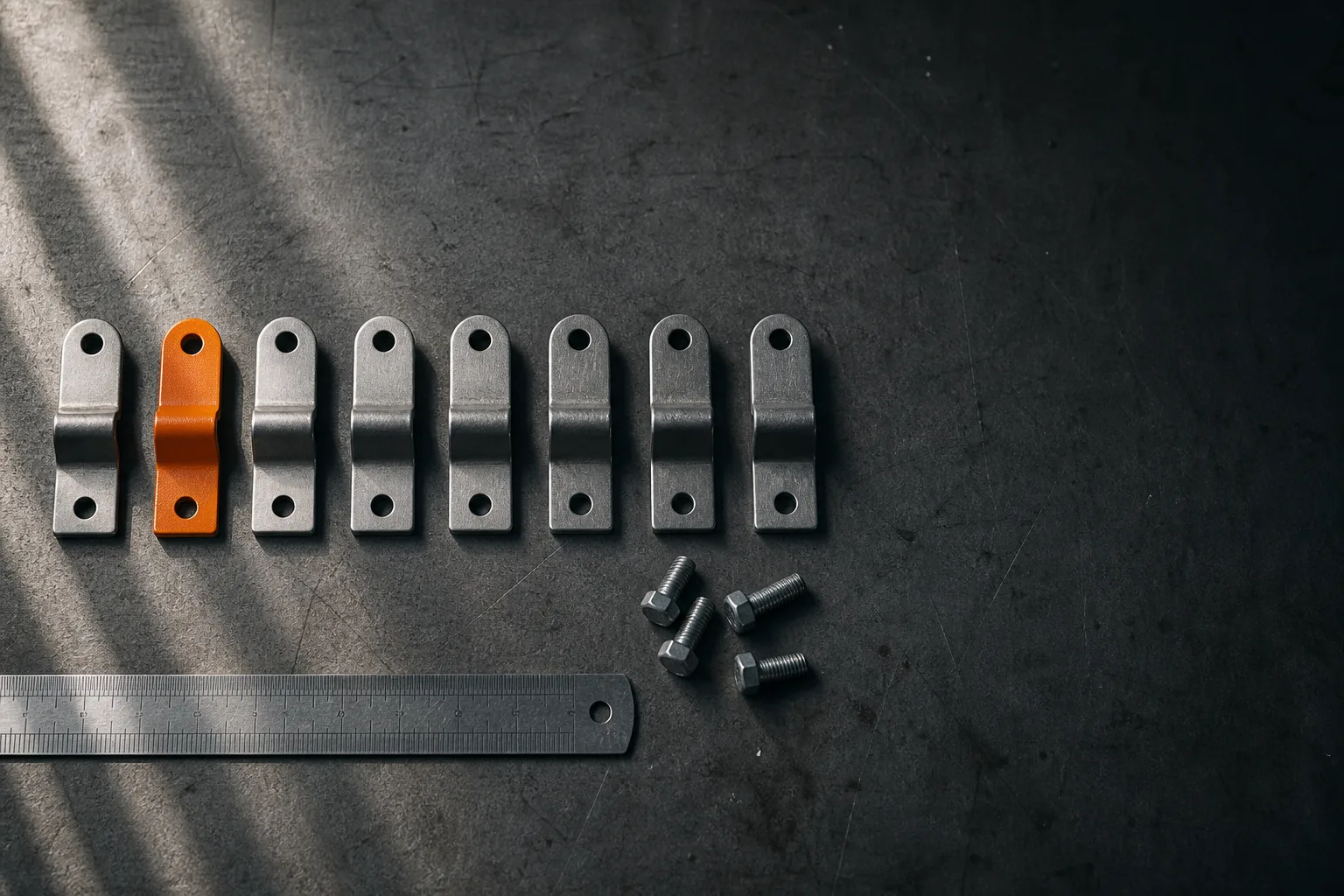 Overhead photograph of eight identical stamped steel brackets in a row on a graphite bench, one of them powder-coated safety orange, with a steel rule and loose bolts