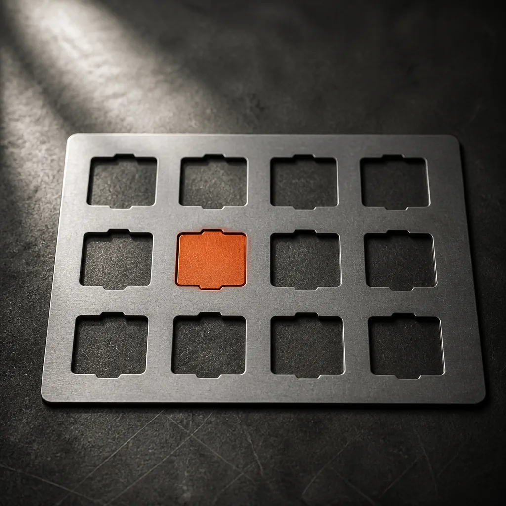 Close photograph of a steel stamping stencil with a grid of identical rectangular slots, one slot holding a small orange part