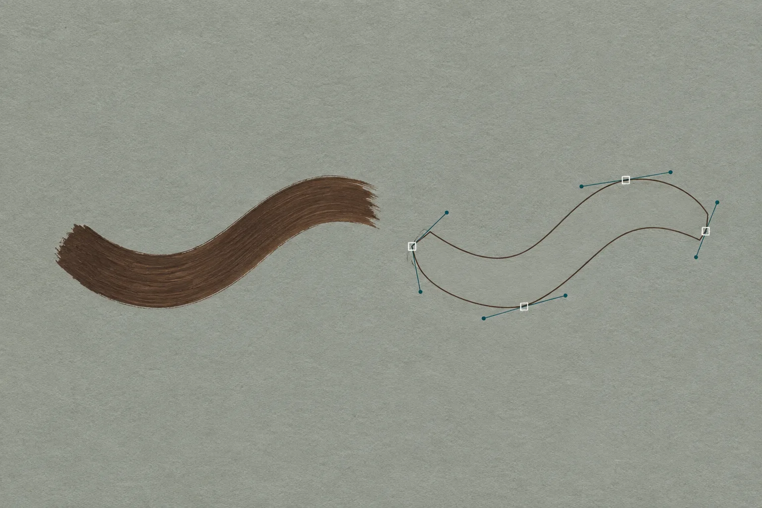 Gouache diagram on cool grey toned paper: a thick brushed espresso stroke on the left, and on the right the same curve redrawn as an outlined path with hollow square anchor points and teal handles