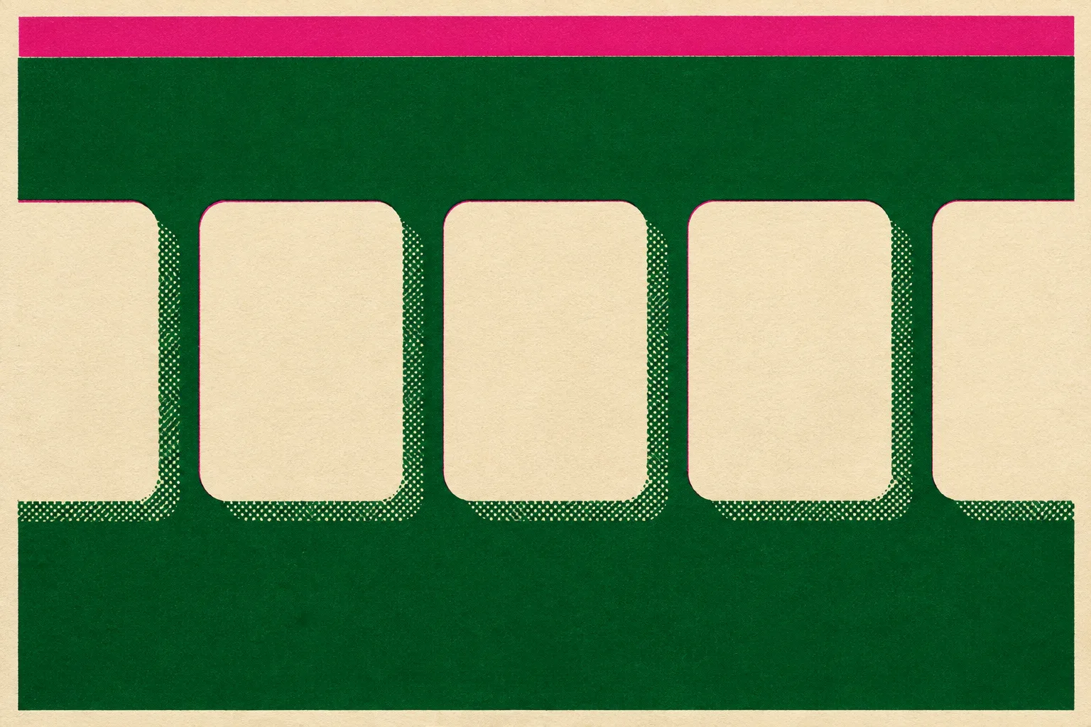 Three-colour screenprint: a rail of cream cards running off both edges of a racing-green field under a magenta bar pinned across the top