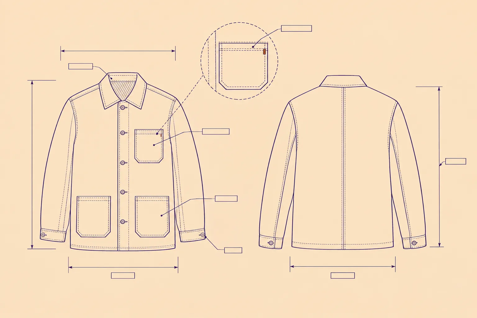 Technical drawing of a chore jacket, front and back views, in fine violet ink line on apricot paper, with dimension lines, blank label tags, and a magnified detail circle of the chest pocket