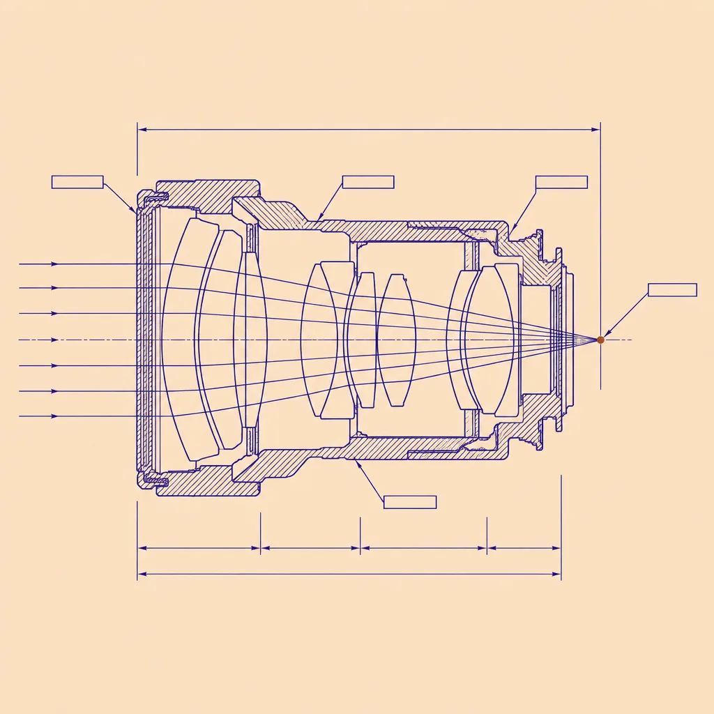 Technical cutaway drawing of a camera lens assembly in violet ink on apricot paper, drawn by gpt-image-2.5 Flare: clean regular hatching, a ray diagram converging to a single umber point inside the frame