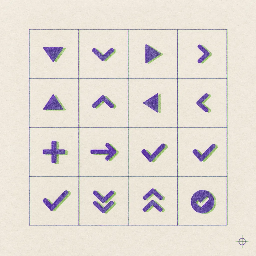 Risograph proof sheet of sixteen picker icons and checkmarks in a ruled grid, each printed in violet with a green offset.