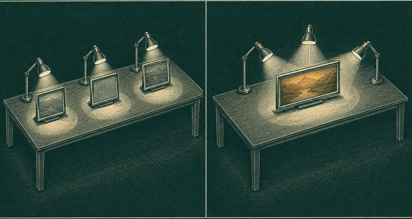 Copperplate engraving in cream ink on petrol paper, two panels: three separate screens each under its own lamp, then one wide screen with the three lamps turned toward it