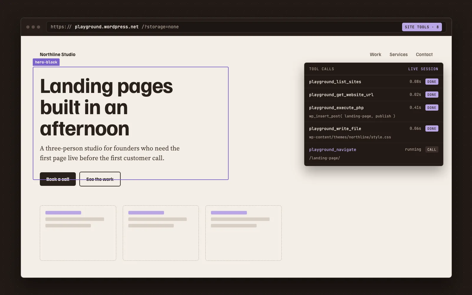 A captured sandbox browser window: a WordPress landing page under construction with a hero block selected, and a tool-call log listing playground_list_sites, playground_execute_php, and playground_write_file as done.