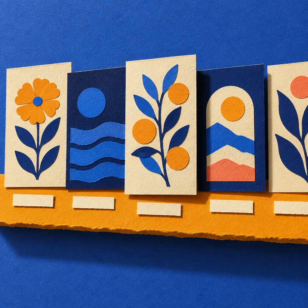 Cut-paper collage of five tall cream and indigo cards standing in a row on a marigold paper ledge, the third pulled forward, the fifth cut off by the frame edge.