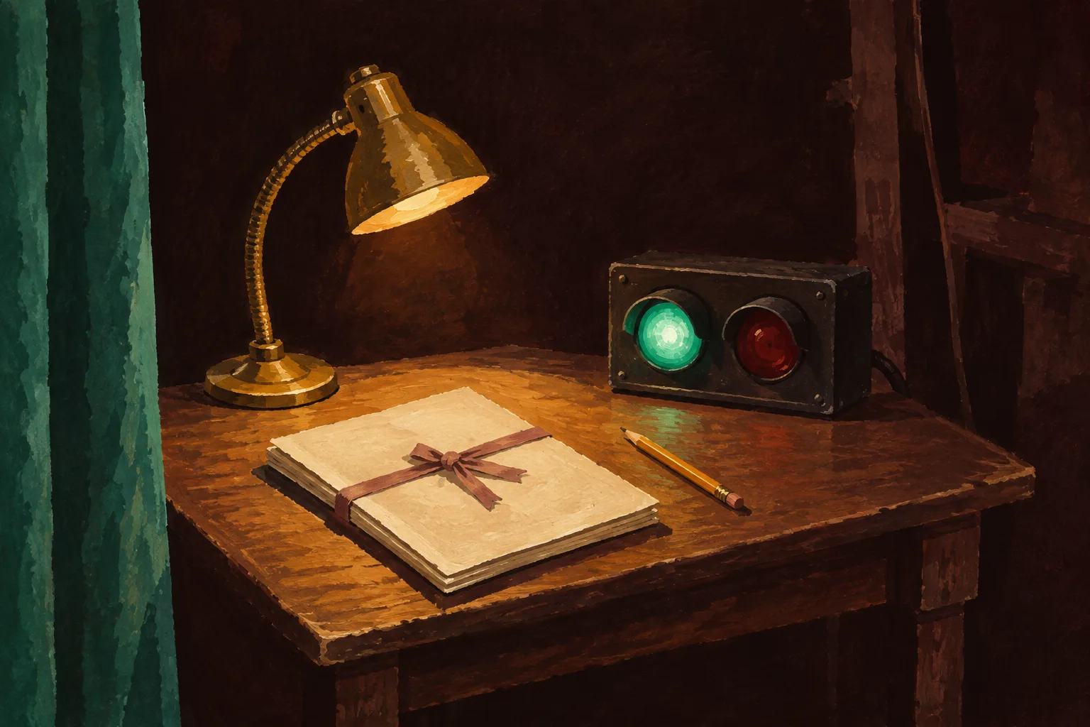 Gouache painting of a stage manager's desk in the wings: a brass lamp, a script tied with ribbon, a pencil, and a cue light box with the green lamp lit.