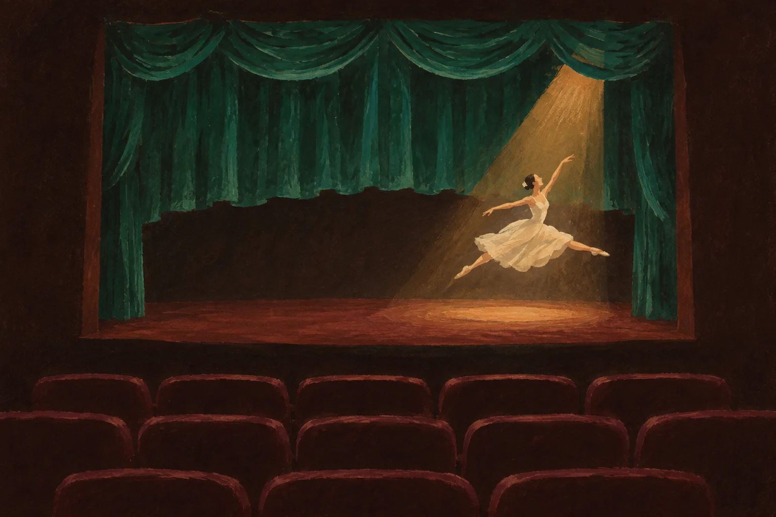 Gouache painting of a small theatre from the back of the stalls: a viridian curtain half raised, one dancer in ivory mid-leap under an amber spotlight, rows of empty oxblood seats in the foreground.