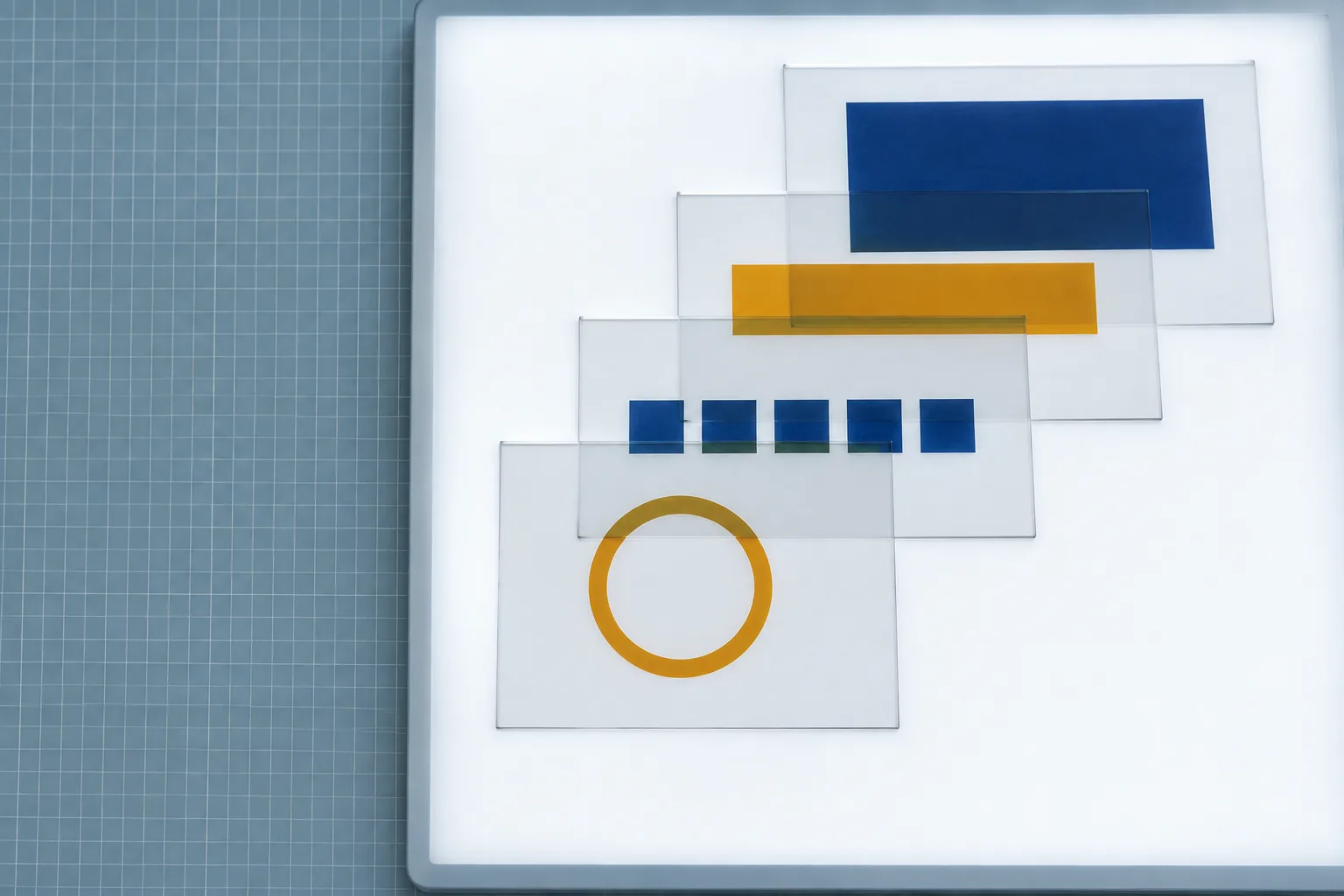 Overhead photograph of a white light table on a blue-grey cutting mat. Four clear acetate sheets cascade down it on a diagonal, carrying a navy rectangle, an amber bar, a row of five navy squares, and an amber ring, each showing through the sheets above it.