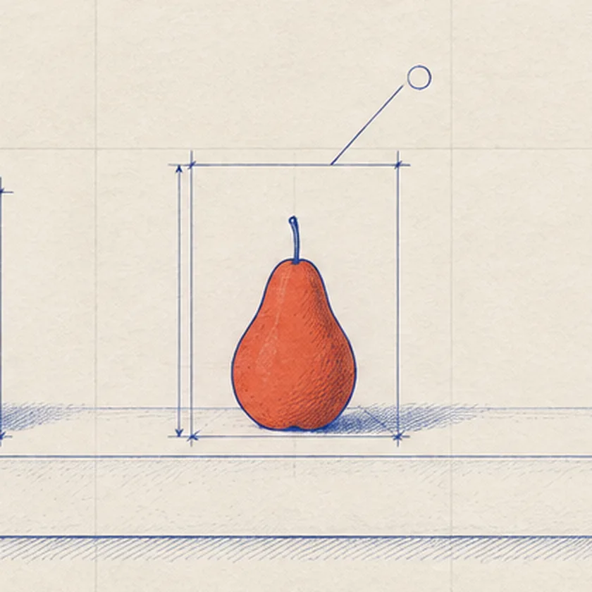 Detail of the set plan: the vermilion pear inside its dimensioned construction box.