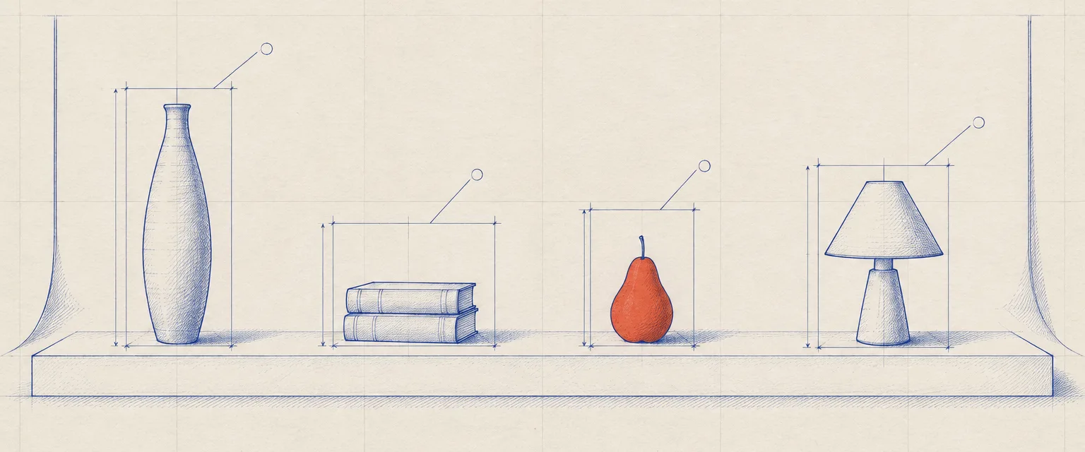 A technical drawing in ultramarine ink on cream drafting film: a vase, two stacked books, a vermilion pear, and a small lamp stand on a long plinth, each inside its own dimensioned construction box.