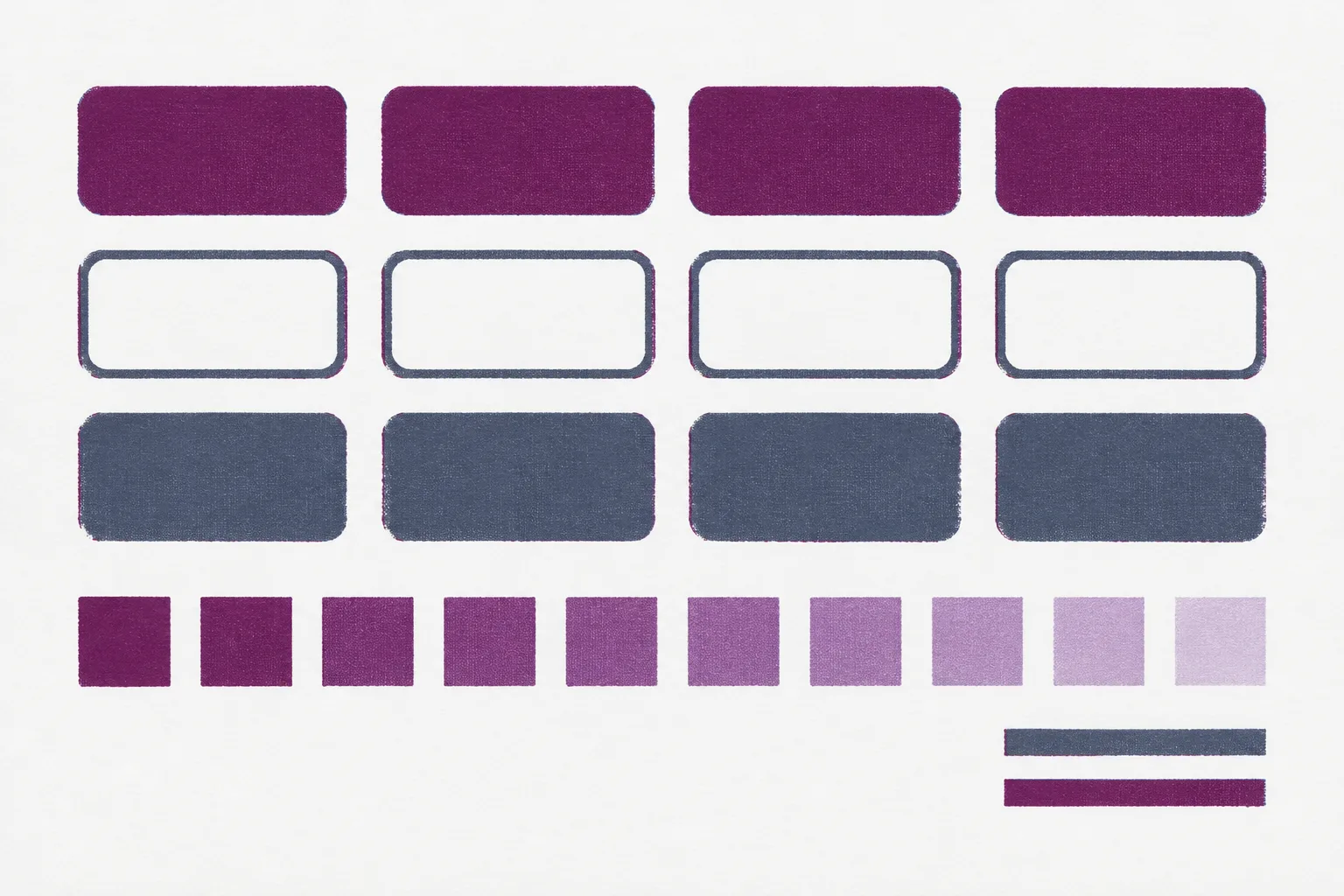 A two-colour screenprint of a component sheet in order: identical plum, outlined, and slate buttons in three aligned rows over a ten-step plum colour ramp.