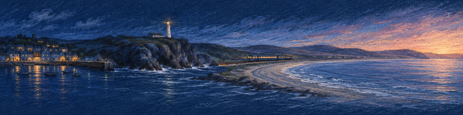 Pastel panorama of one coastline from night to dawn: a lit harbour town, a lighthouse on cliffs, a sleeper train on a curving beach, and a rose dawn over low hills.
