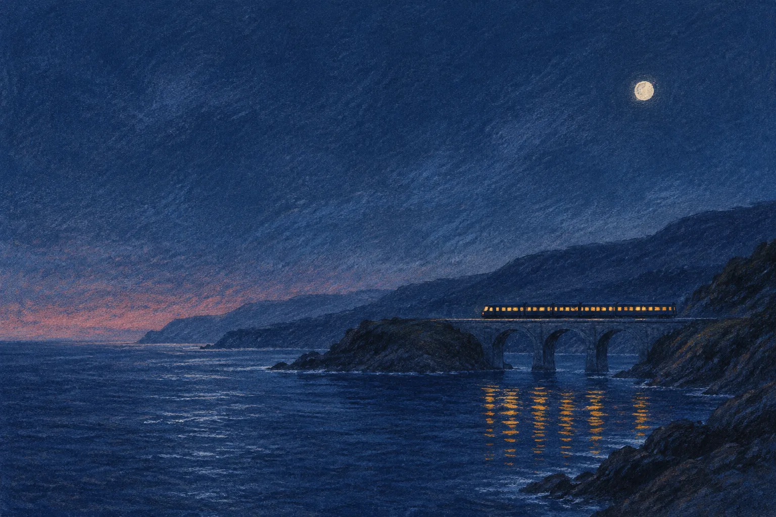 Pastel drawing on midnight blue paper: a sleeper train with lit saffron windows crosses a stone viaduct over a dark sea inlet under a small moon.