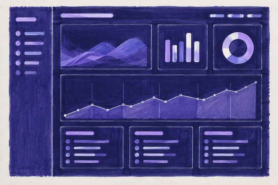 Marker comp of a dark technical page: a blue-violet field with a narrow sidebar, thin panels, and a white gel-pen chart.