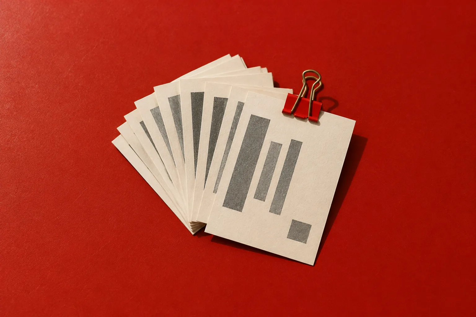 Overhead photograph of a fanned stack of cream index cards printed with grey bars, one card pulled out and held by a red bulldog clip.