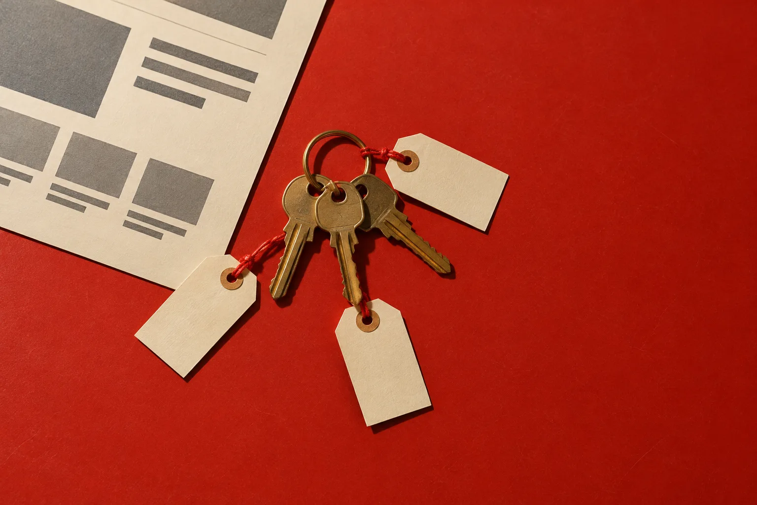 Overhead photograph of three brass keys with blank cream tags tied in red string, lying on red linoleum beside the corner of a printed page mockup.