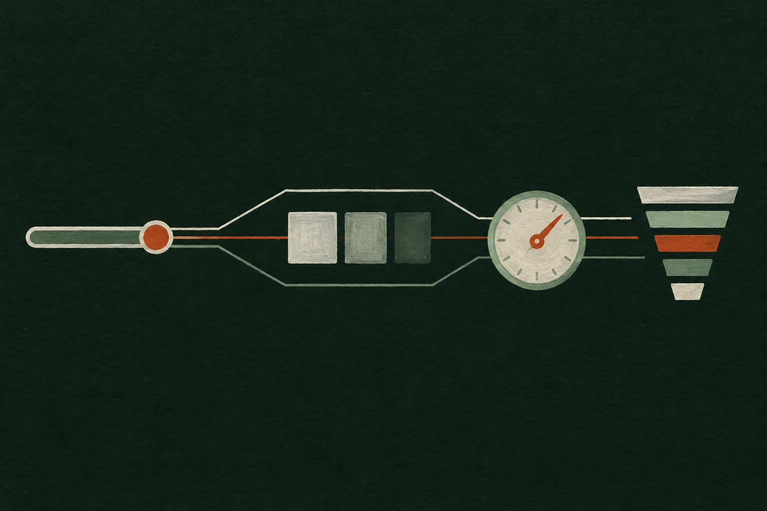 Gouache diagram on a dark spruce ground: one slider knob wired by painted lines to a fading square, a turned dial, and a stack of bars narrowing in width.