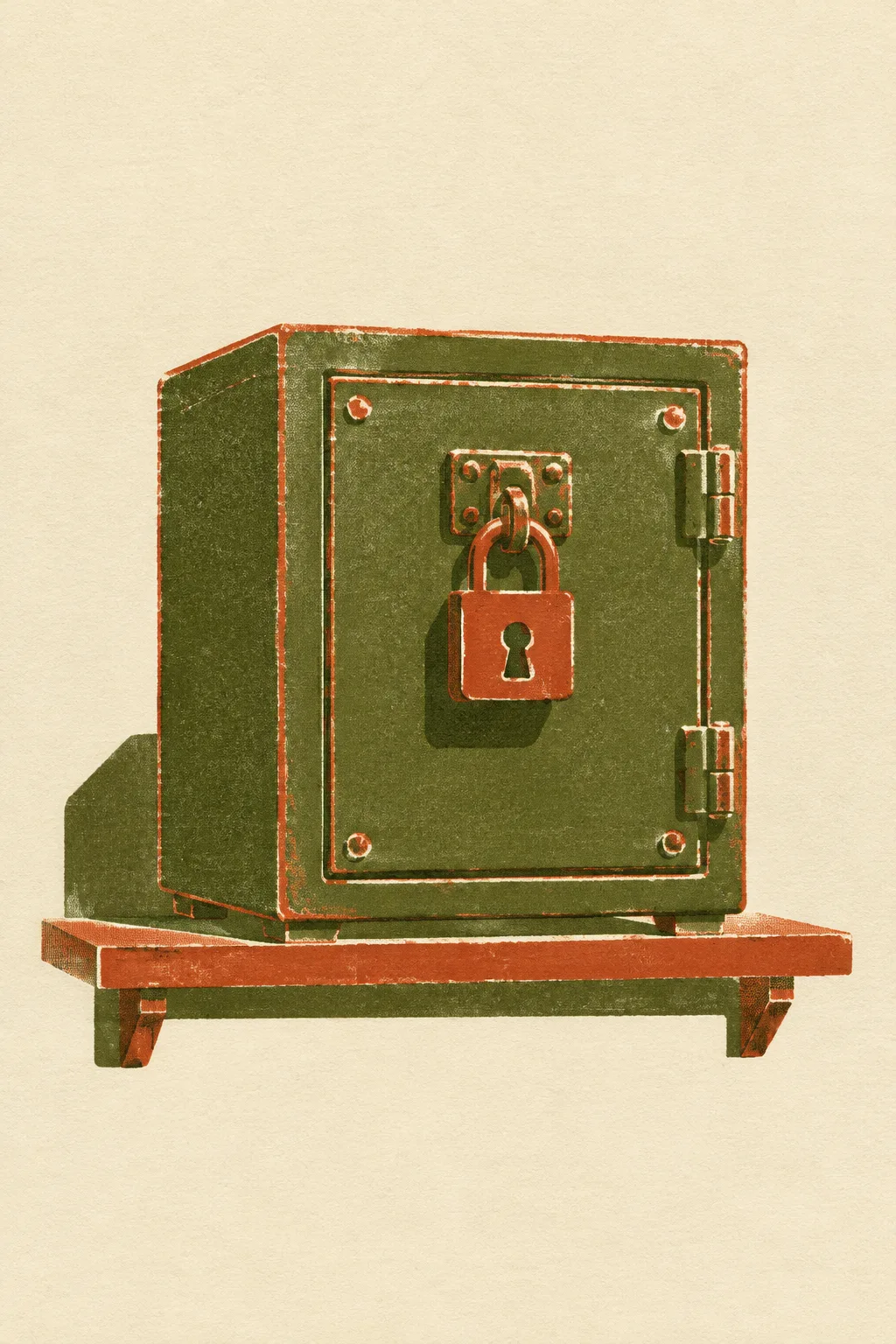 Two-ink screenprint of a closed steel strongbox with a padlock on its hasp, sitting on a plain shelf.