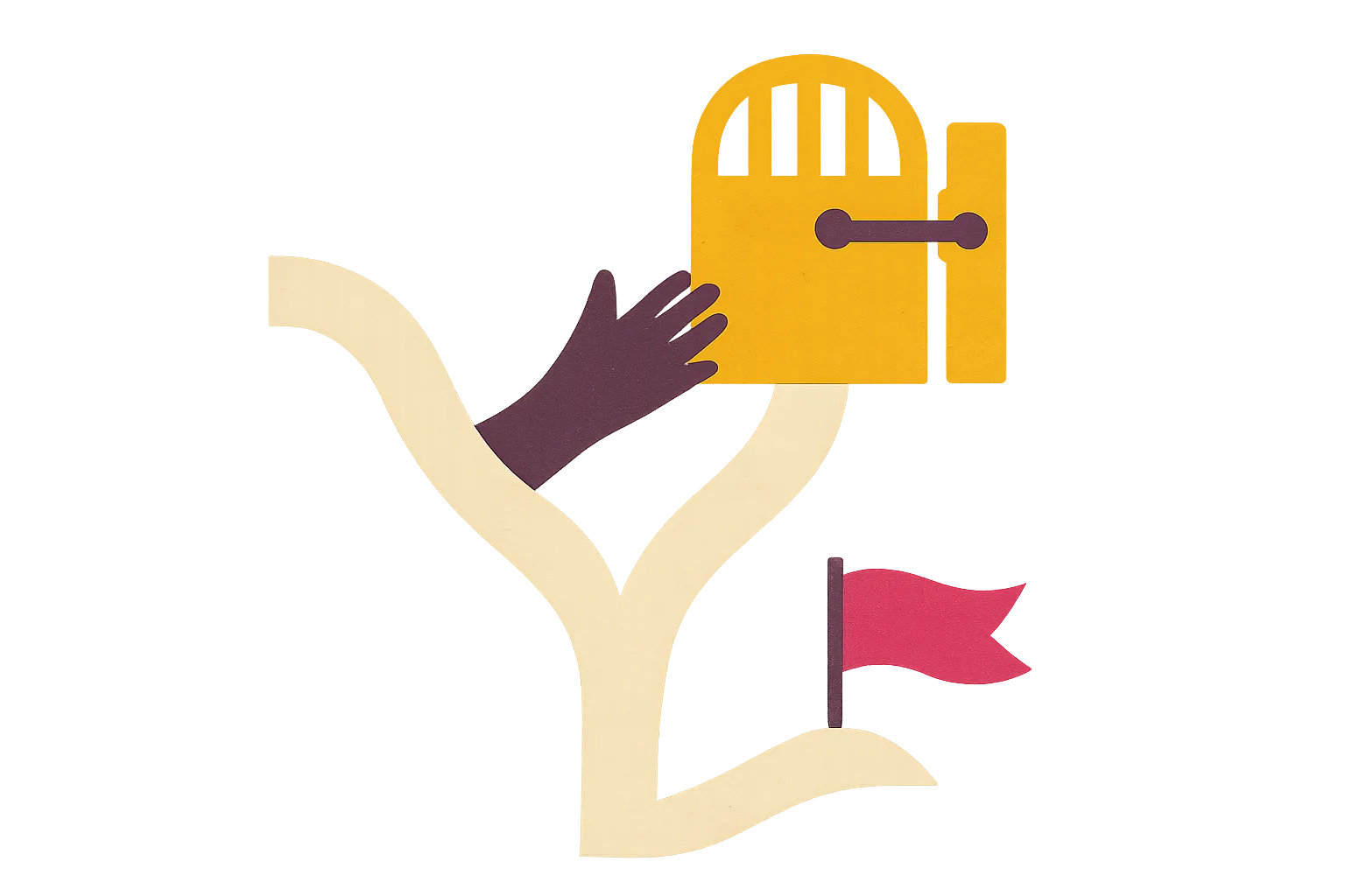 A cut-paper collage: a cream paper path forks in two; a plum paper hand reaches for a marigold gate latch on one branch while a raspberry flag stands on the other.