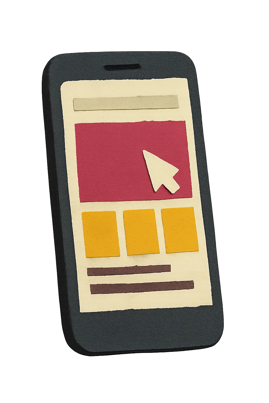 A cut-paper collage of a dark phone whose screen is a paper website: a cream header strip, a raspberry hero block with a cream cursor, three marigold tiles and two plum text lines.