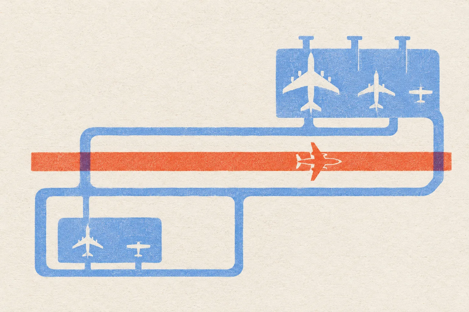 A two-colour risograph airport diagram: blue taxiways and aprons holding pale aircraft silhouettes of four different sizes, and one vermilion aircraft on a long vermilion runway.