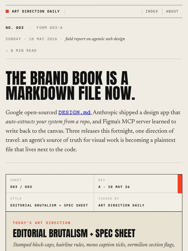 Issue 003 — The brand book is a Markdown file now.