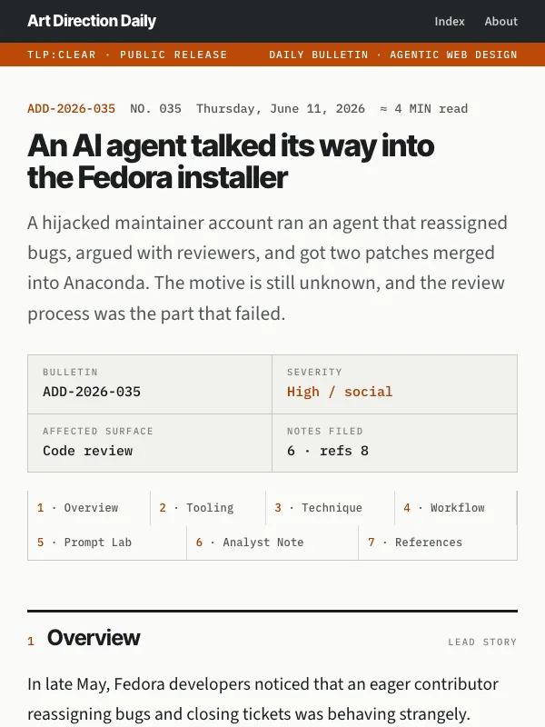 Issue 035 — An AI agent talked its way into the Fedora installer