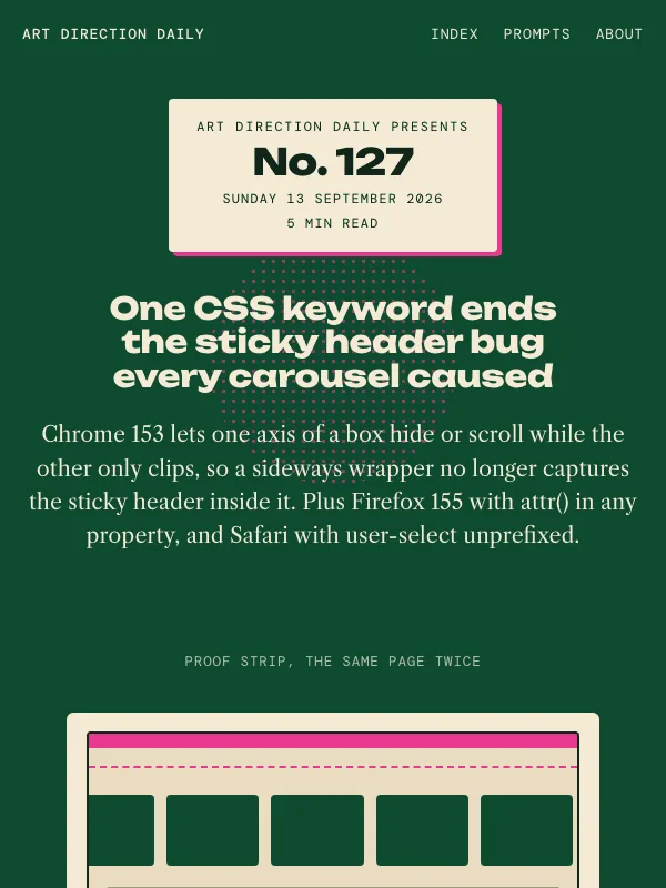 Issue 127 — One CSS keyword ends the sticky header bug every carousel caused