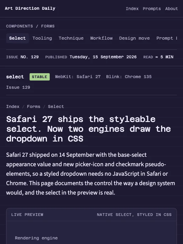 Issue 129 — Safari 27 ships the styleable select. Now two engines draw the dropdown in CSS