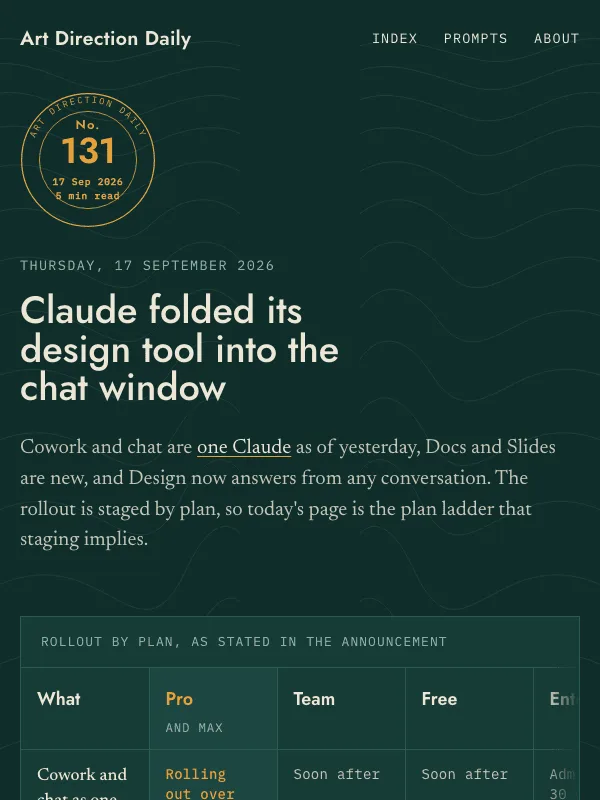 Issue 131 — Claude folded its design tool into the chat window